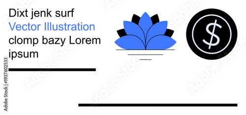 Finance, growth, mindfulness, income, wellness, savings. Blue lotus flower and black dollar icon. Growth and mindfulness using floral and monetary elements