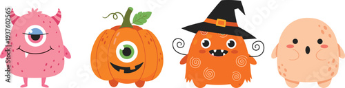 Cute Halloween monster characters and pumpkin creatures set isolated on white background cartoon vector illustration