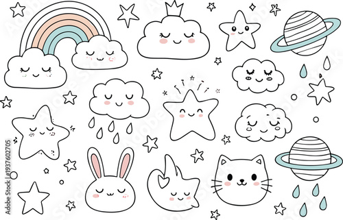 Cute kawaii clouds, stars, rainbow and planets doodle vector set with bunny and cat nursery cartoon elements