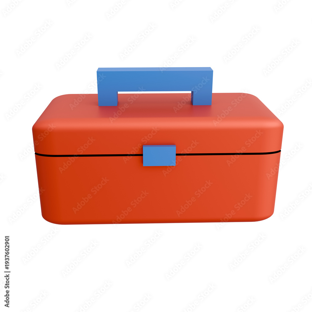 Fototapeta premium A bright, modern-looking rectangular storage box with a blue handle and accents, made of durable plastic or resin material, with a vivid red-orange color scheme, minimalist design, and clean lines. 