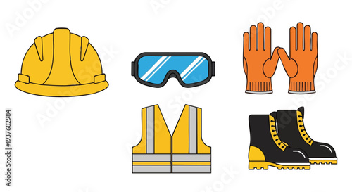 safety equipment protective gear workwear icons set.