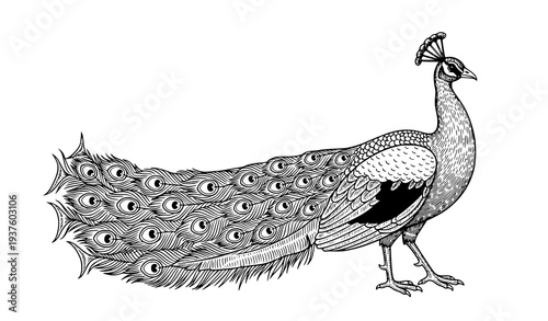 Elegant peacock vintage engraving style vector illustration with detailed ornamental tail feathers isolated on white background