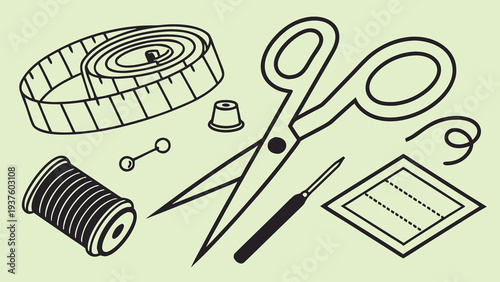 Minimal Professional Tailoring Tools Flat Vector Icon Collection with Clean Lines on Bright Green Background for Sewing Workshop Illustration