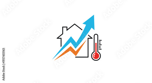 Real estate and energy efficiency concept logo depicting a house icon with an upward-trending arrow and a thermometer, symbolizing rising property value or climate control.