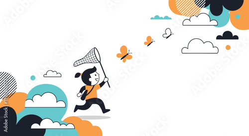 Playful illustration of a cheerful girl running through a vibrant, abstract landscape with a butterfly net, happily chasing colorful butterflies under a dynamic cloudy sky.
