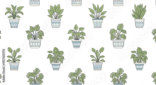 Elegant seamless pattern showcasing a charming collection of diverse potted houseplants, rendered in a clean line art style with subtle green and blue accents, ideal for home decor.