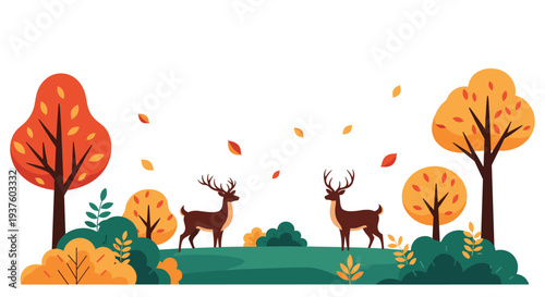 Picturesque autumn landscape illustration featuring two majestic deer standing amidst vibrant, colorful trees and gently falling leaves, capturing the serene beauty of fall.