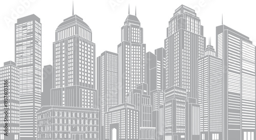 A grayscale cityscape illustration featuring a collection of modern skyscrapers and high rise buildings