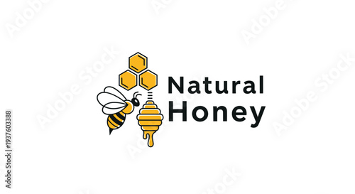 Elegant "Natural Honey" logo design featuring a busy bee, geometric honeycomb, and a dripping beehive, symbolizing organic quality and sweet deliciousness.