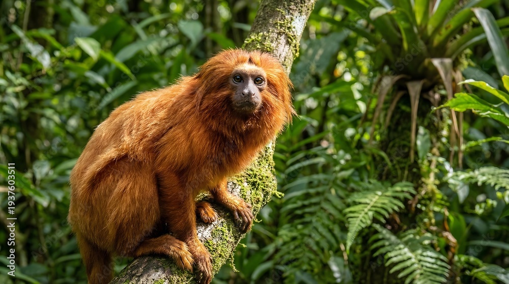 Obraz premium A red-haired monkey sitting on a mossy tree branch in a lush green forest