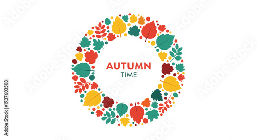 Festive circular frame filled with an abundance of diverse and colorful autumn leaves, including red, yellow, and green, beautifully encompassing "AUTUMN TIME" text, perfect for seasonal greetings.