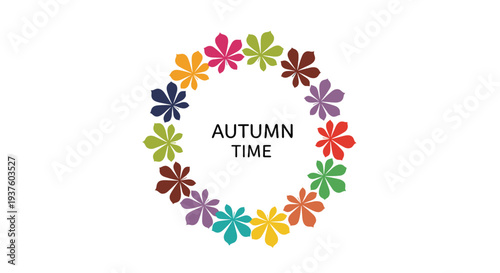 Bright circular wreath vector illustration meticulously crafted from a variety of colorful chestnut leaves, beautifully framing "AUTUMN TIME" in the center, ideal for seasonal designs.