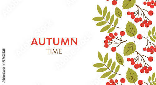 Charming "Autumn Time" horizontal banner design featuring an abundance of vibrant red rowan berries and colorful autumn leaves adorning the right side, ideal for seasonal greetings.