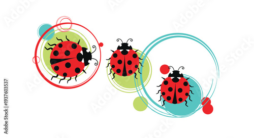 Playful illustration featuring three adorable red ladybugs gracefully crawling amidst abstract colorful circles, creating a whimsical and cheerful design, perfect for children's themes.