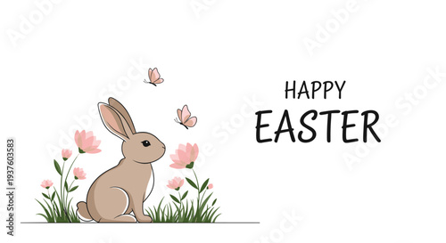 Adorable "Happy Easter" illustration featuring a charming bunny rabbit sitting peacefully among delicate pink flowers and green grass, with playful butterflies fluttering around.