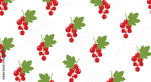 Vibrant seamless pattern showcasing bountiful clusters of bright red currants, each accompanied by lush green leaves, creating a fresh and wholesome fruit design.