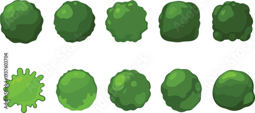 Green slime blob collection with cartoon goo splashes sticky liquid shapes for game assets monster slime illustration set