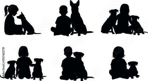 Children with dogs silhouette collection showing kids sitting and bonding with pet puppies, representing friendship, companionship, love for animals and pet care concept.