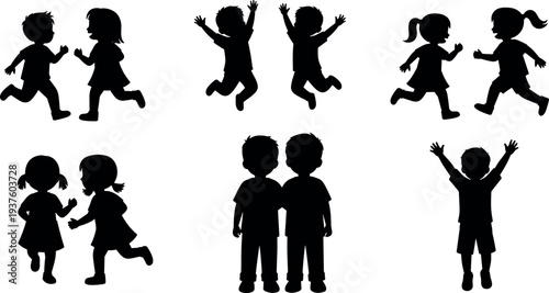 Children playing silhouettes collection with boys and girls running, jumping and having fun representing childhood activity, friendship, playful lifestyle and happy kids concept.