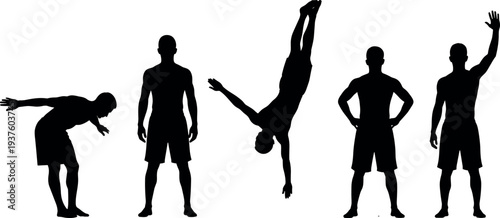 Collection of male athlete silhouettes showing gymnastic poses, handstand balance, stretching and standing postures, representing fitness training, strength, flexibility, sport activity and athletic 
