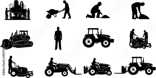 Construction and agriculture machinery silhouettes collection including bulldozer, tractor, forklift, lawn mower and workers performing manual labor tasks isolated for industrial and farming concepts.