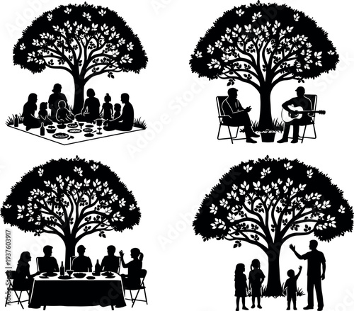 Family activities silhouettes under tree including picnic, dinner, music and parenting moments representing togetherness, outdoor lifestyle, bonding, happiness and family relationship concept.