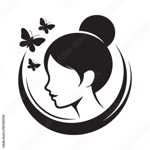 A minimalist black silhouette depicts a woman s profile with an updo surrounded by fluttering butterflies
