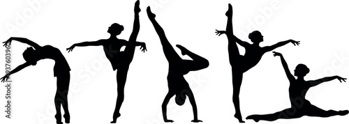 Female ballet dancer silhouettes performing elegant dance poses including arabesque, split, handstand and stretching movements representing grace, flexibility, classical ballet and artistic 