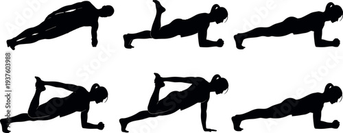Female fitness workout silhouettes performing plank exercise variations representing core strength training, home workout routine, bodyweight exercise and healthy active lifestyle.