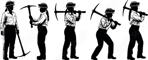 Female miner worker silhouettes holding pickaxe wearing safety helmet showing mining labor poses representing industrial workforce, underground mining industry and manual labor concept.