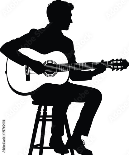 Acoustic guitar player silhouette sitting on stool, male musician performing live music, black vector illustration isolated on white background