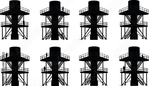 Industrial factory tower and platform structure silhouettes with workers standing on metal stairs and observation decks representing engineering infrastructure and heavy industry architecture.
