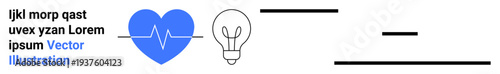 Healthcare, energy solutions, innovation, creative thinking, wellness, technology. Blue heart with ECG line, light bulb and black lines. Healthcare and energy solutions conceptual theme