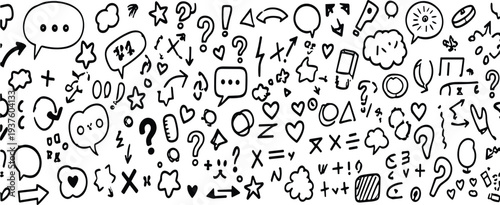 Hand drawn doodle symbols vector set with speech bubbles, arrows, hearts, question marks and sketch communication icons