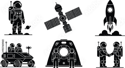Black and white illustrations of astronauts, rocket launch, satellite, space rover, and capsule, symbolizing exploration, teamwork, technology, and adventure in outer space design projects