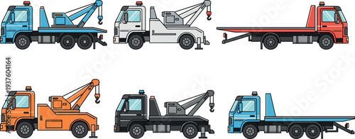 Isometric tow truck and recovery vehicle set featuring flatbed transporter and crane tow trucks for roadside assistance transport service and automotive recovery vector illustration