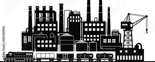 Industrial factory skyline silhouette with freight train, oil tanks and construction crane, heavy industry manufacturing illustration isolated background