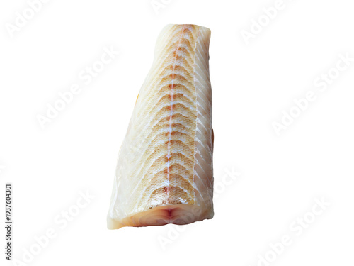 Raw cod fish fillet with skin, showcasing its fresh texture, ready for cooking, isolated on a clean white background for culinary and healthy eating themes