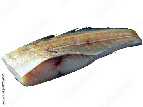 Freshly prepared raw white fish fillet, skin on, meticulously isolated against a clean white background, highlighting its pristine quality and readiness for healthy culinary creations