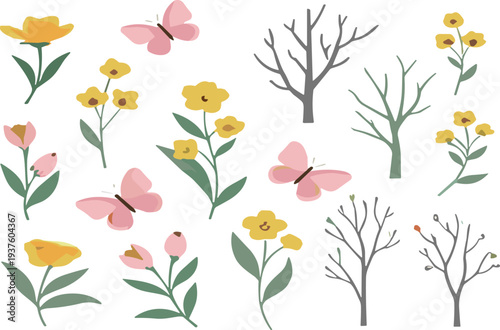 Hand drawn spring flowers butterflies and tree branches collection with cute floral elements botanical nature illustration vector set