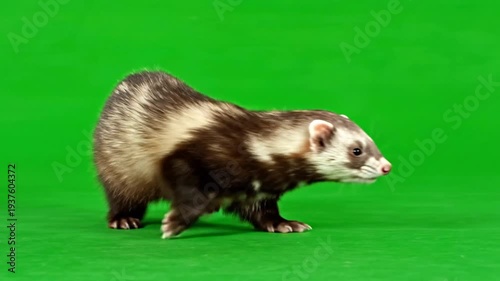 A domestic ferret with dark brown and white markings walks across a bright green studio background.