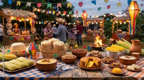 Rustic table with typical Brazilian Festa Junina foods and sweets at colorful São João festival celebration outdoors