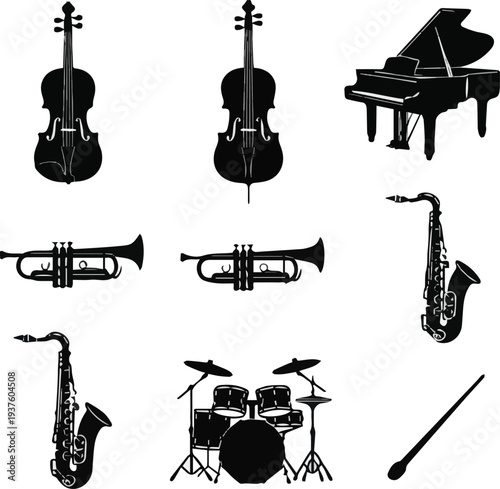 Set of musical instruments silhouettes.Isolated on Flat design music icon set featuring various orchestra and band instruments, a simple silhouette vector graphic collection.vector illustration