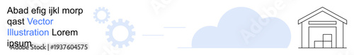 Cloud computing, logistics operations, data storage, warehouse management, digital transformation, automation. Gears connecting to a cloud and warehouse icon. Cloud computing and logistics operations