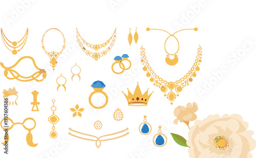 Luxury gold jewelry vector collection with necklaces rings earrings crown and gemstone accessories isolated elegant fashion ornament design set