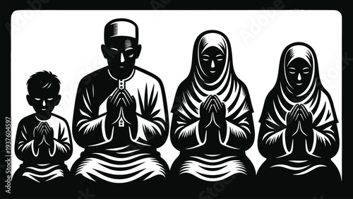 Black and white silhouette of family praying together with raised hands, cultural religious artwork symbolizing faith, unity, spirituality, tradition, and Islamic prayer design conc