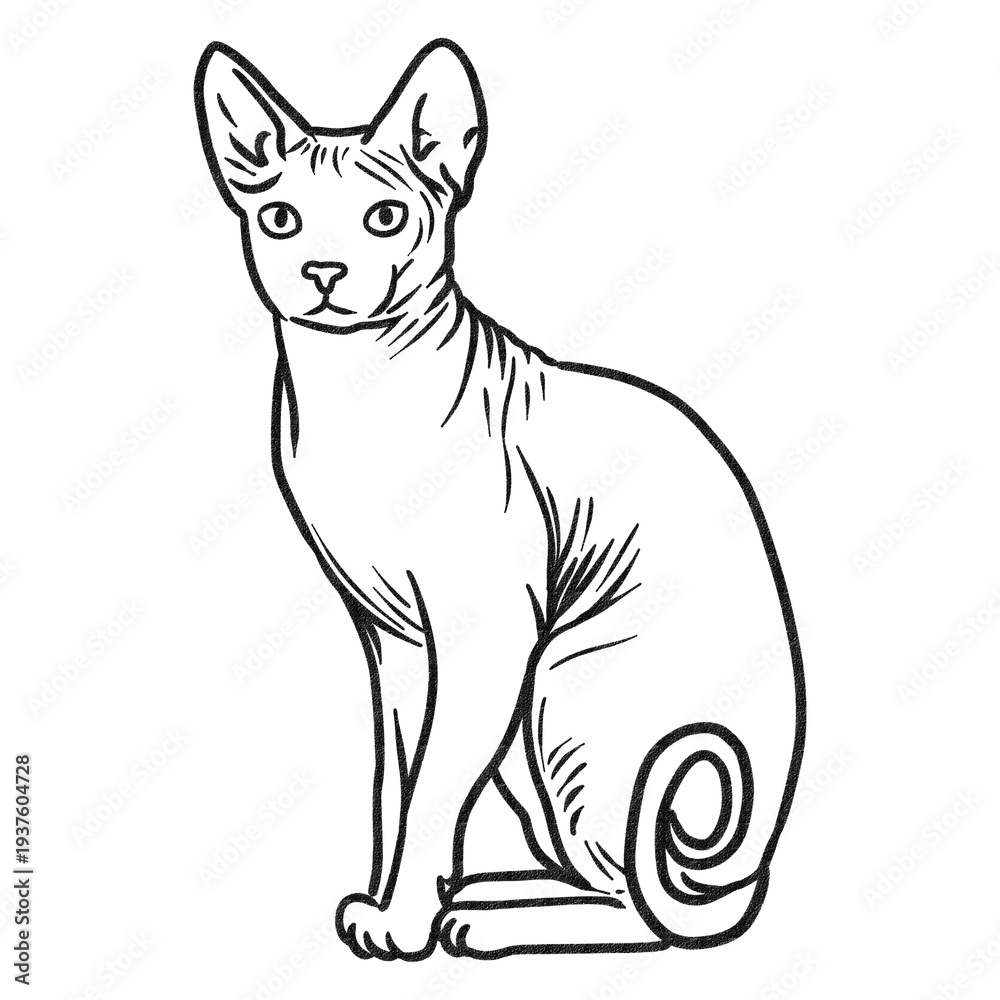 Obraz premium Sphynx Cat Breed Sitting Charcoal Line Art Illustration