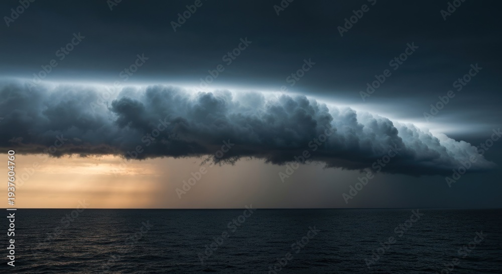 Obraz premium Dramatic shelf cloud above the ocean, with rain descending toward the horizon under a stormy sky