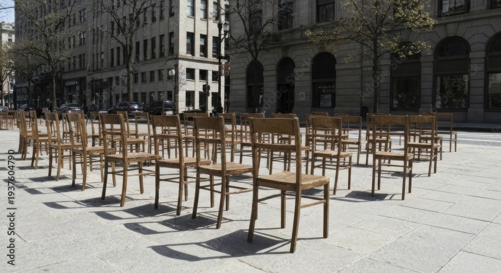 Naklejka premium Empty wooden chairs arranged on a city plaza in rows, casting shadows from the sunlight