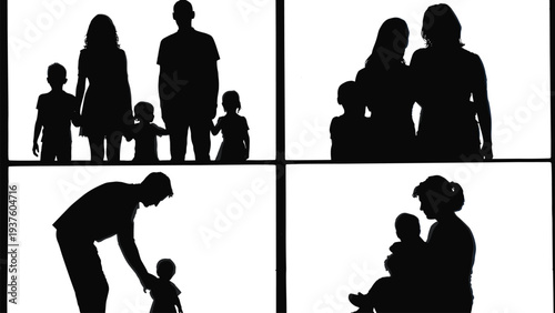 Black silhouette illustration of families and caregivers interacting with children, symbolizing parenting, nurturing, emotional bonding, guidance, and social relationship artwork design proj